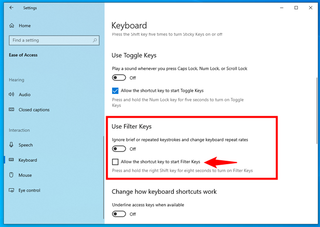 How to turn off Filter Keys in Windows 10