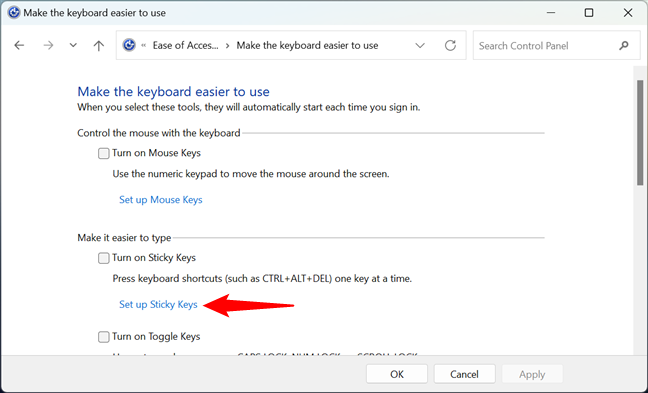 Set up Sticky Keys in Control Panel