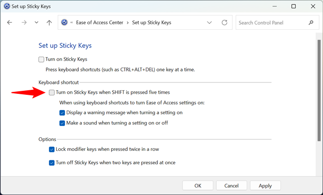 How to turn off Sticky Keys in Control Panel