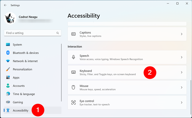 The Keyboard settings from Windows 11âs Accessibility