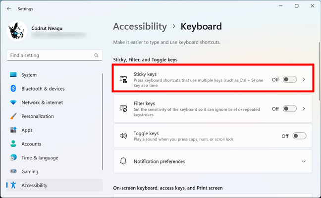 The Sticky Keys entry in Windows 11's Accesibility