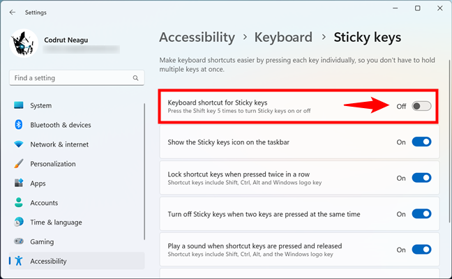How to turn off Sticky Keys in Windows 11