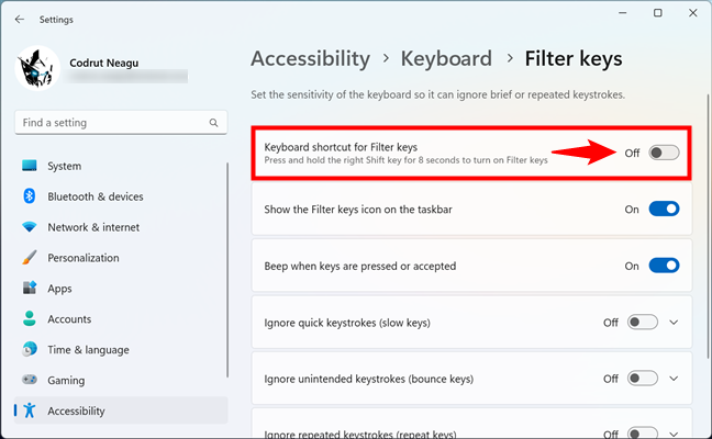 How to turn off Filter Keys in Windows 11