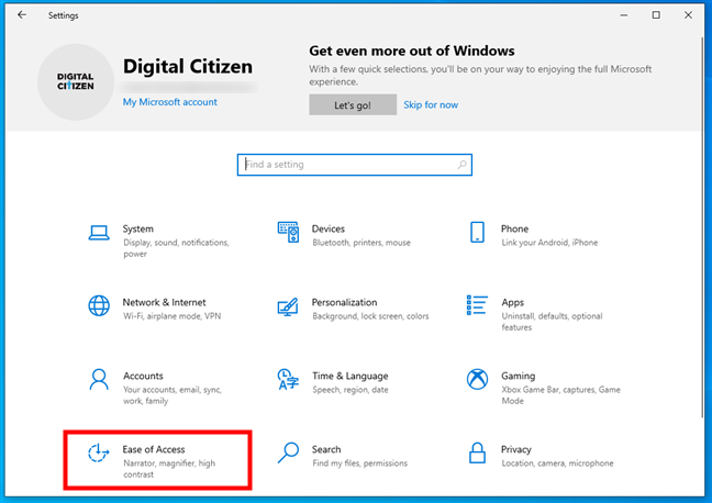 Ease of Access in Windows 10's Settings