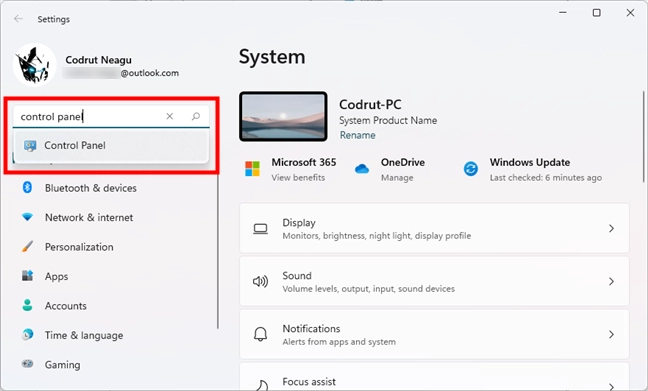 Open Control Panel in Windows 11 using the search from Settings