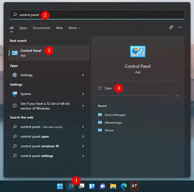 Open Control Panel in Windows 11 using search