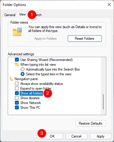 The Show all folders option from File Explorer’s Folder Options