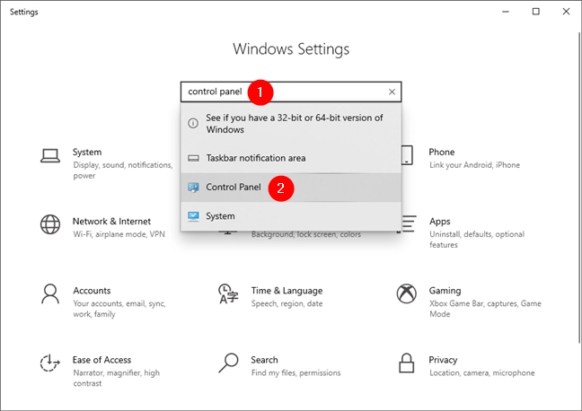 Open Control Panel in Windows 10 from Settings