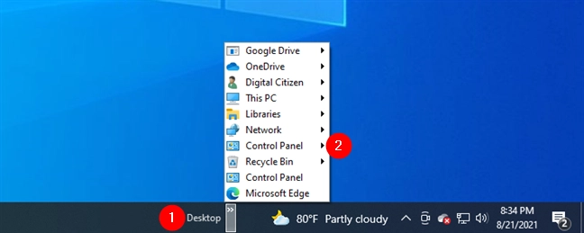 The Control Panel menu from the Desktop toolbar