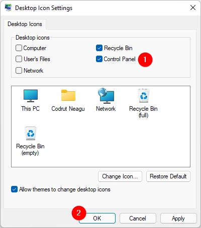 Adding a Control Panel shortcut using the Desktop Icon Settings