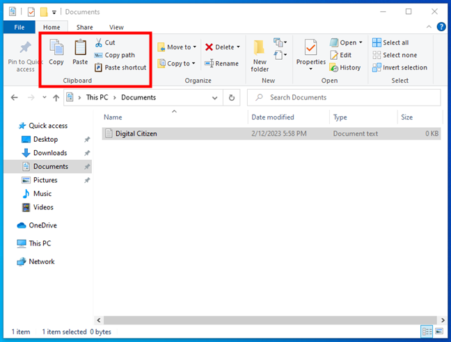 File Explorer includes Cut, Copy, and Paste shortcuts in its menu