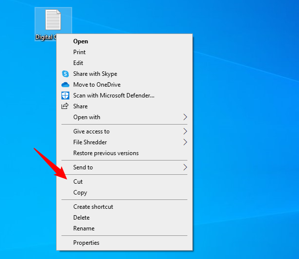 Cut and Copy shortcuts are listed in Windows 10's right-click menu