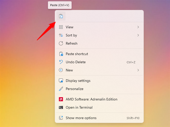The Paste shortcut in Windows 11's right-click menu