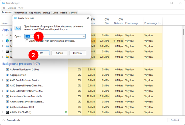 Start the Command Prompt using Task Manager