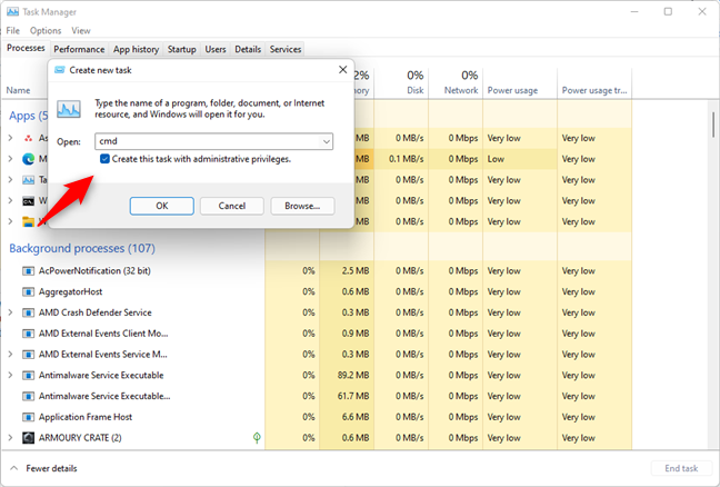 Start Command Prompt with administrator privileges from Task Manager