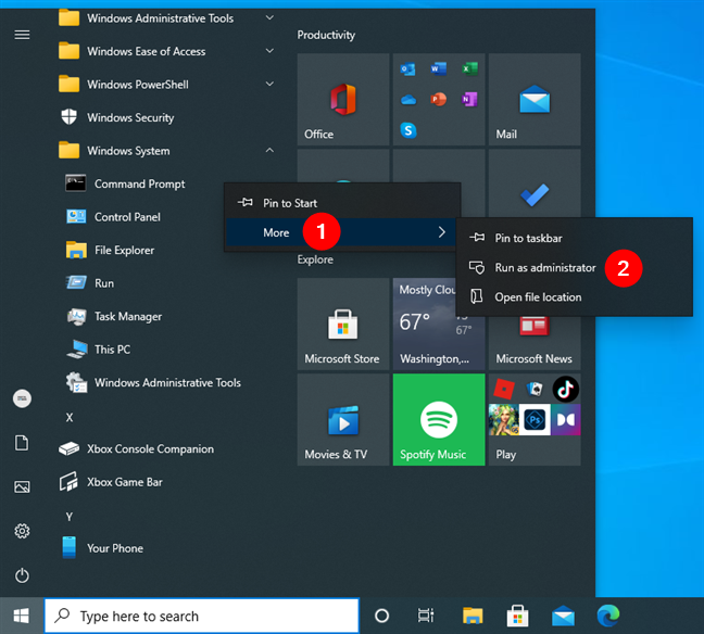 Command Prompt Run as administrator in the Start Menu from Windows 10
