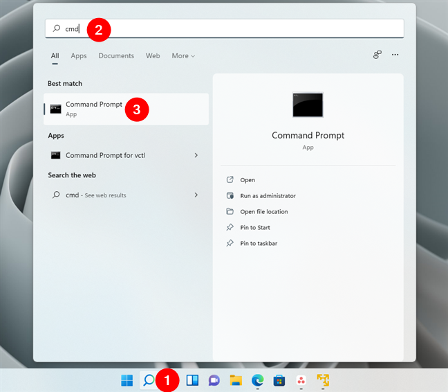 Opening CMD in Windows 11 using search