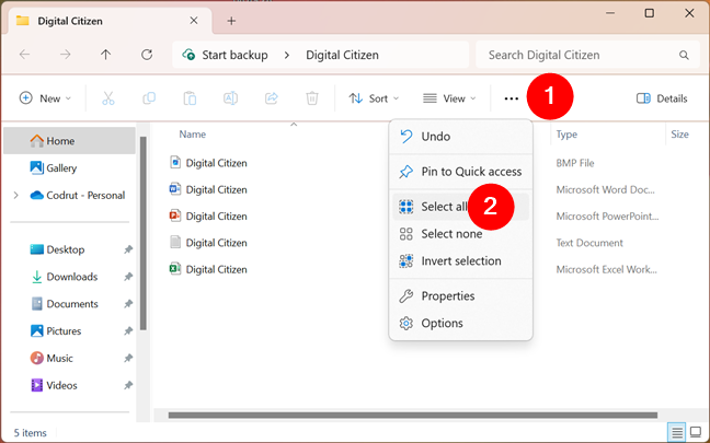 How to select all the files in a folder using File Explorer's menu in Windows 11