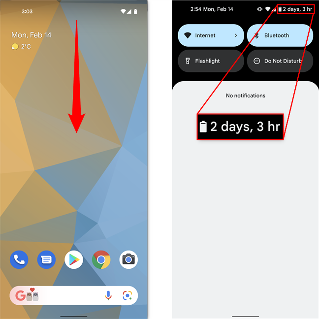 On Pixel smartphones, a battery life estimation is shown instead of the percentage
