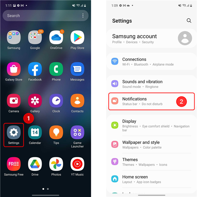 On Samsung Galaxy devices, you must access Notifications in the Settings app 