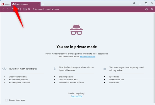 Private browsing in Opera