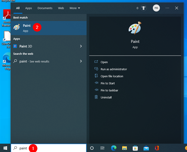 Search and open Paint in Windows 10