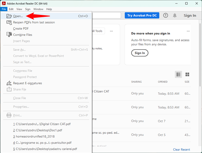 The Open option from the File menu in Adobe Acrobat Reader