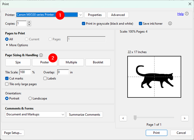 Choose Poster to print the PDF on multiple pages