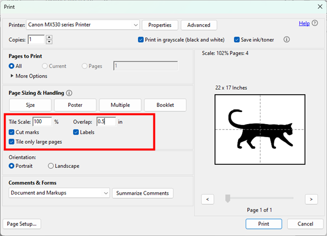 Additional settings for printing on multiple pages