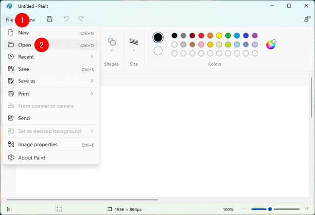 The Open option from the File menu in Paint