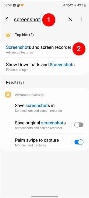 Look for screenshot settings