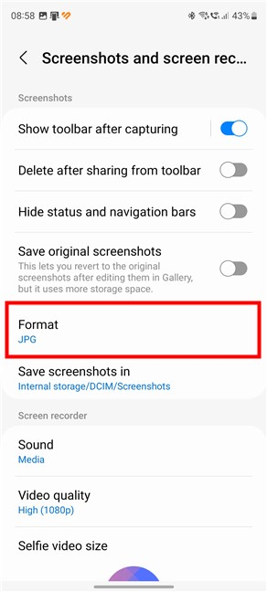 Tap the screenshot Format setting