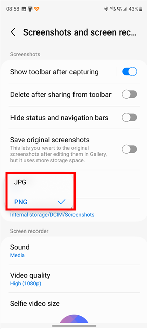 Choose to save screenshots as JPG or PNG on Samsung Galaxy