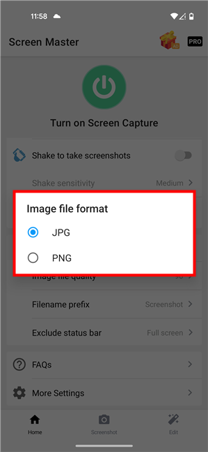 Choose to save screenshots as JPG or PNG