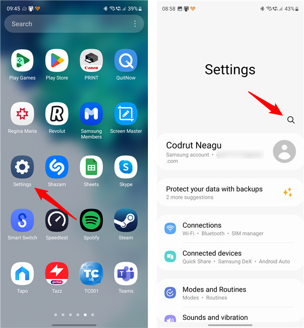 Open Settings and start a search