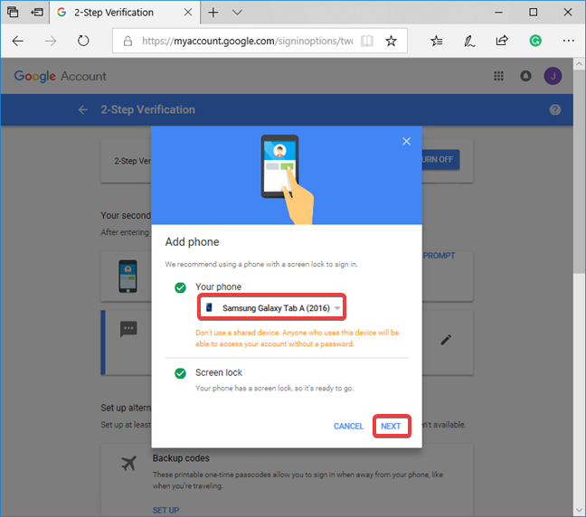 Select the device for the Google Prompt in 2-Step Verification
