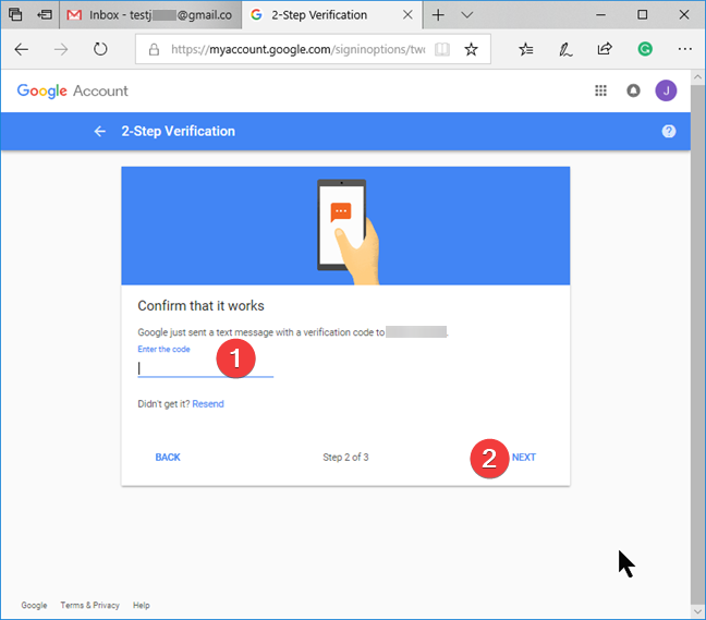 Enter the security code for Google 2-Step Verification