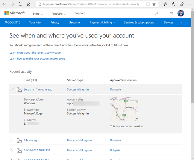 Microsoft, account, recent activity