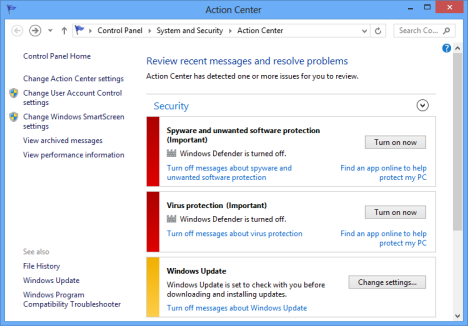 Action Center, Windows 8, Windows 8.1, security, checks, management