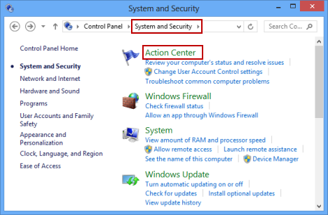 Action Center, Windows 8, Windows 8.1, security, checks, management