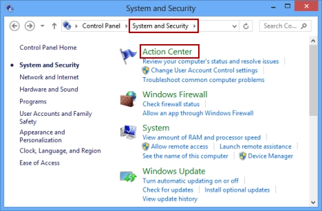Action Center, Windows 8, Windows 8.1, security, checks, management