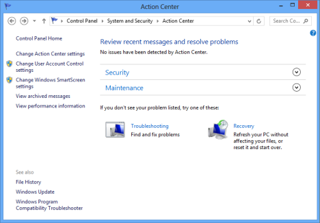 Action Center, Windows 8, Windows 8.1, security, checks, management