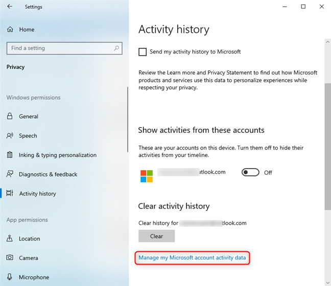 Click on Manage my Microsoft account activity data