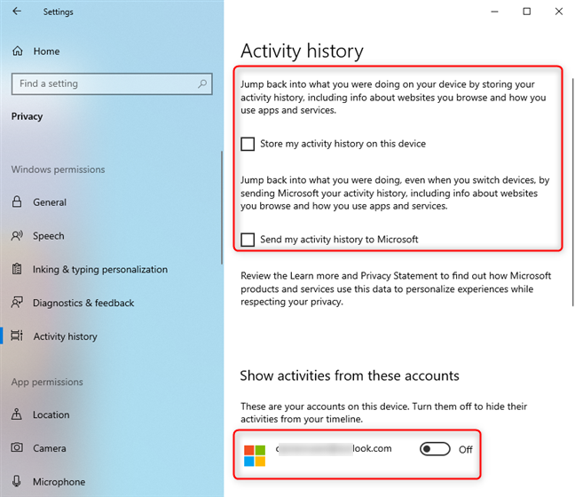 Disabling the activity history in Windows 10