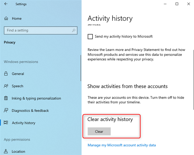 Clearing the activity history in Windows 10