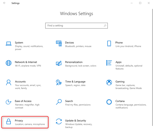 Windows 10 Settings - Go to Privacy