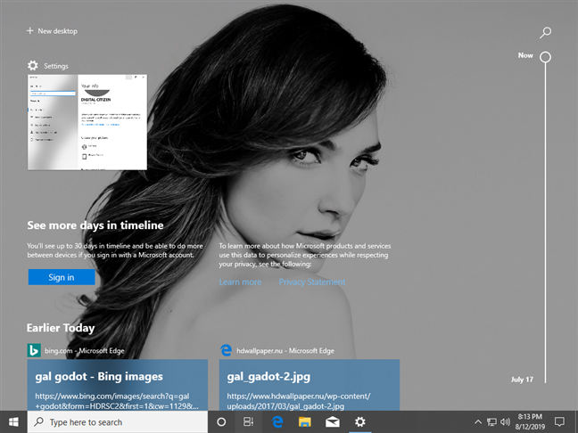 The Timeline displays your activity history in Windows 10