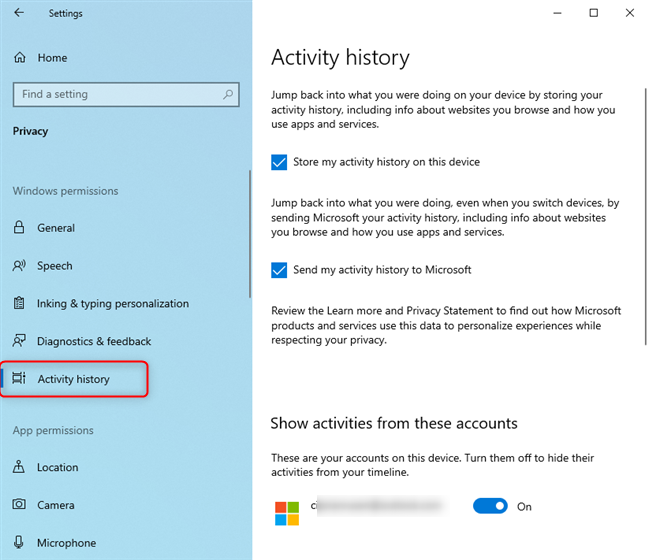 Activity history settings