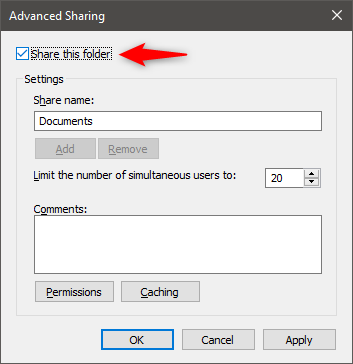 Share this folder setting in the Advanced Sharing window
