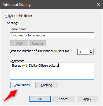 The Permissions button from the Advanced Sharing window